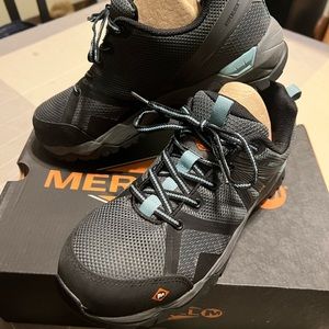 MERRELL, size 9.5, steel toe work shoes.